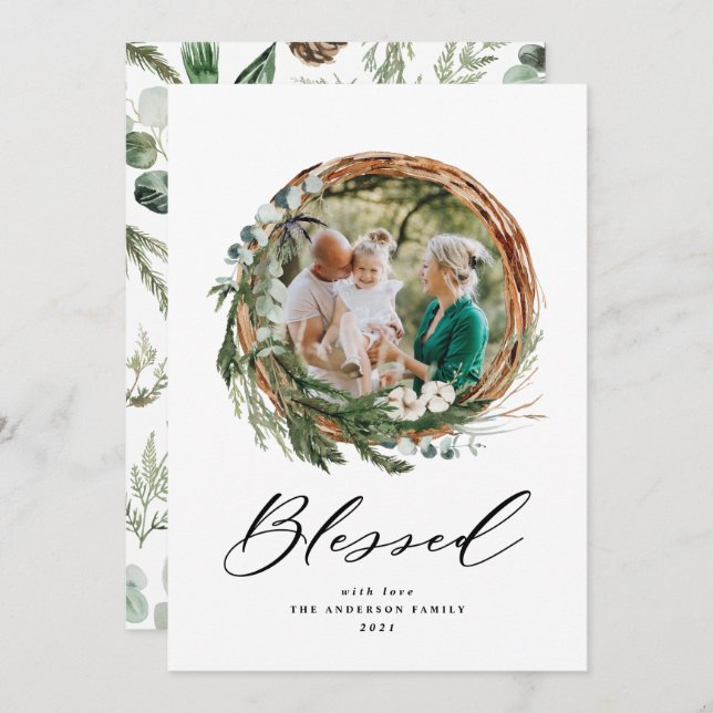 Modern foliage wreath christmas blessed script holiday card (Front/Back)