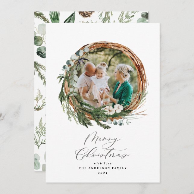 Modern foliage wreath merry christmas script chic holiday card (Front/Back)