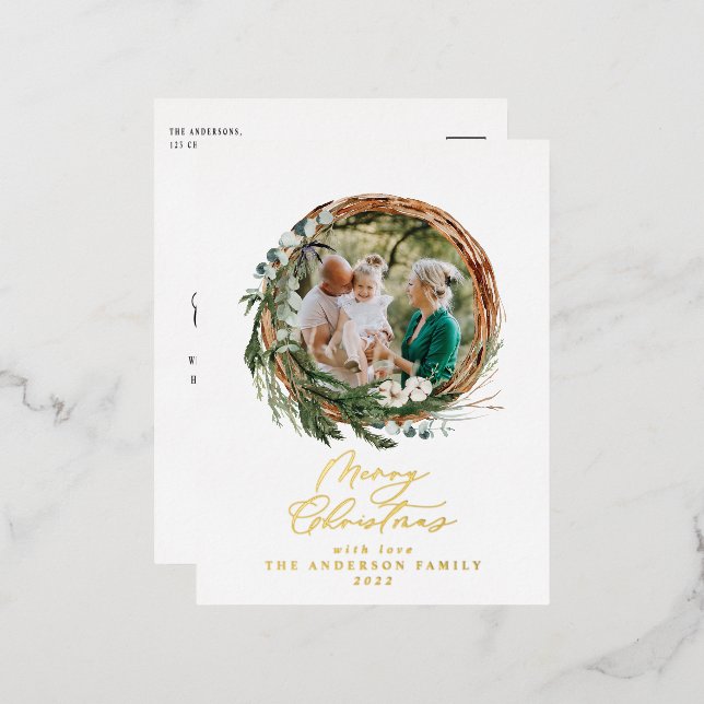 Modern foliage wreath merry christmas script  foil holiday postcard (Front/Back)