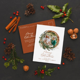 Modern foliage wreath merry christmas script foil holiday postcard