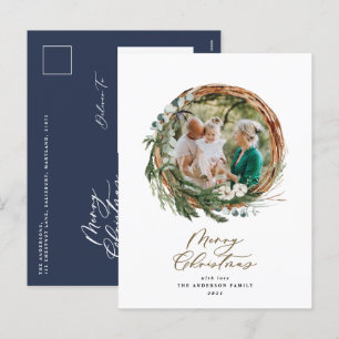Modern foliage wreath merry christmas script  holi holiday postcard