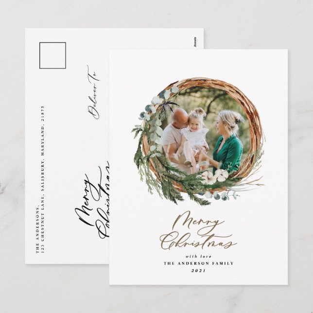 Modern foliage wreath merry christmas script  holiday postcard (Front/Back)