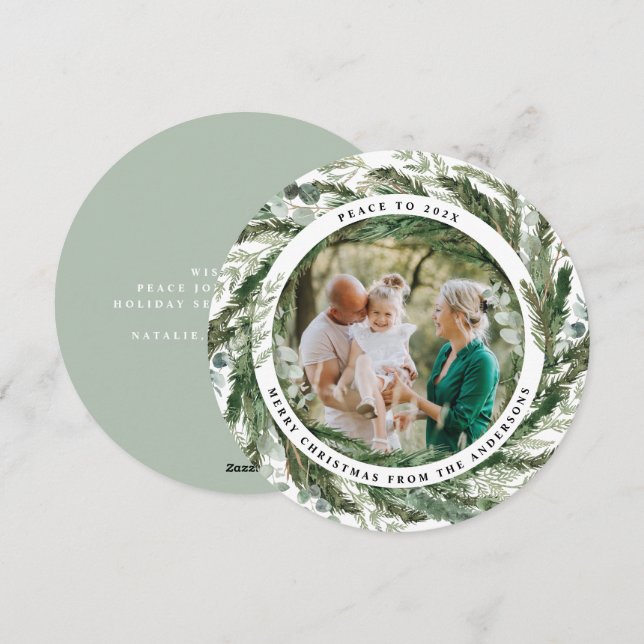 Modern foliage wreath peace script photo green holiday card (Front/Back)
