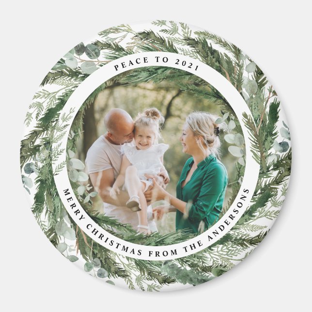 Modern foliage wreath peace script photo magnet (Front)