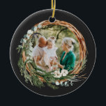 Modern foliage wreath photo Christmas black Ceramic Ornament<br><div class="desc">Modern foliage wreath Merry Christmas script holiday Christmas photo ornament. Hand painted eucalyptus,  minimal foliage and modern rustic rattan wreath along with real foil lettering give this holiday card a luxurious feel. In classy greens,  browns and greys.</div>