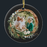 Modern foliage wreath photo Christmas black Ceramic Ornament<br><div class="desc">Modern foliage wreath Merry Christmas script holiday Christmas photo ornament. Hand painted eucalyptus,  minimal foliage and modern rustic rattan wreath along with real foil lettering give this holiday card a luxurious feel. In classy greens,  browns and greys.</div>