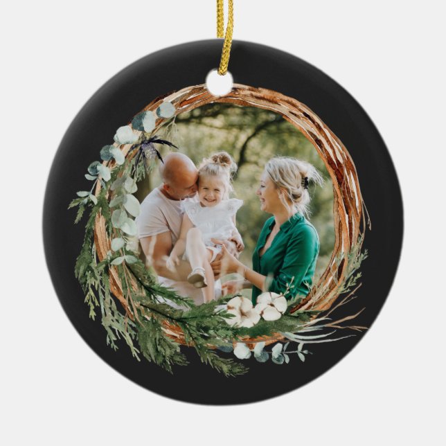 Modern foliage wreath photo Christmas black Ceramic Ornament (Front)
