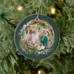 Modern foliage wreath photo Christmas green Ceramic Ornament<br><div class="desc">Modern foliage wreath Merry Christmas script holiday Christmas photo ornament. Hand painted eucalyptus,  minimal foliage and modern rustic rattan wreath along with real foil lettering give this holiday card a luxurious feel. In classy greens,  browns and greys.</div>