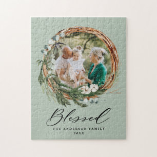 Modern foliage wreath stylish blessed script jigsaw puzzle