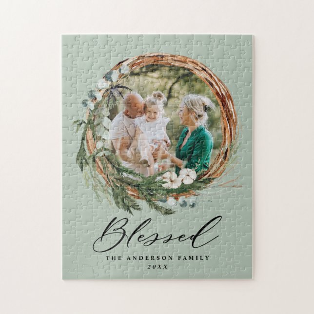 Modern foliage wreath stylish blessed script jigsaw puzzle (Vertical)