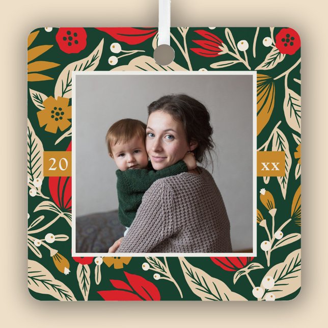 Modern Folk Art Floral Photo Christmas Holiday Metal Tree Decoration (Creator Uploaded)