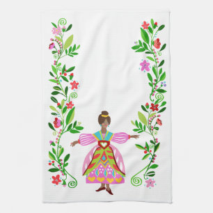 Modern Folk Art Style African American Flower Girl Tea Towel