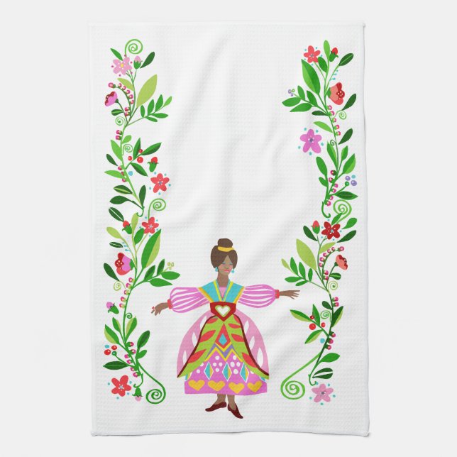 Modern Folk Art Style African American Flower Girl Tea Towel (Vertical)