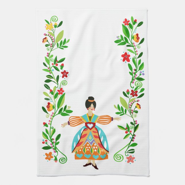 Modern Folk Art Style Flower Girl Tangerine Tea Towel (Vertical)