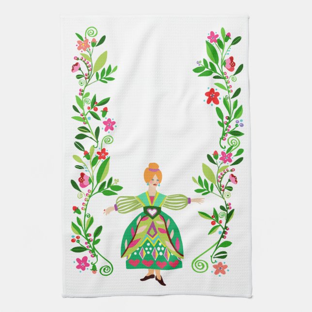 Modern Folk Art Style Red-Haired Flower Girl Tea Towel (Vertical)