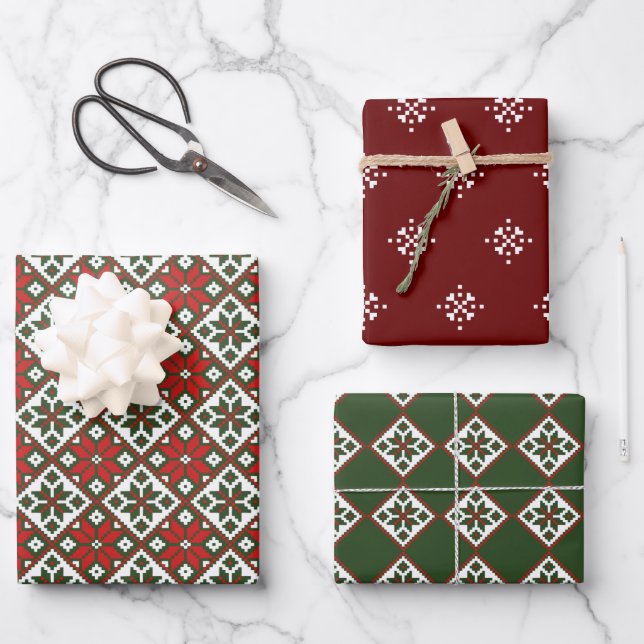 Modern Folk Art Wrapping Paper Flat Sheet Set of 3 (Front)