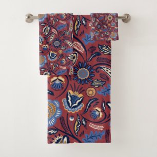 Modern Folk with Maroon & Blue Tones  Bath Towel Set