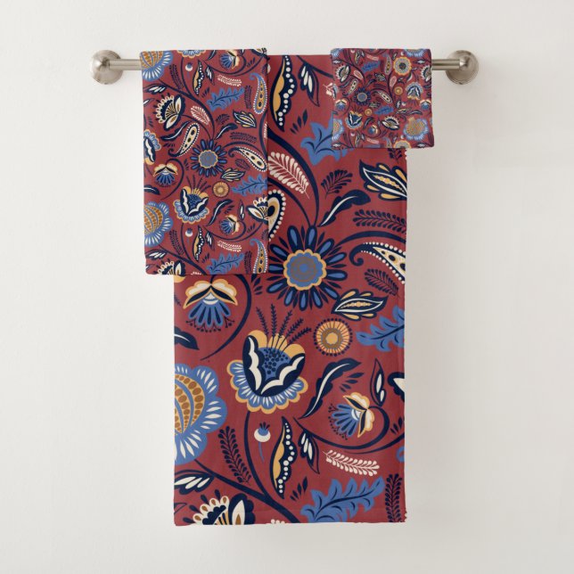 Modern Folk with Maroon & Blue Tones  Bath Towel Set (Insitu)