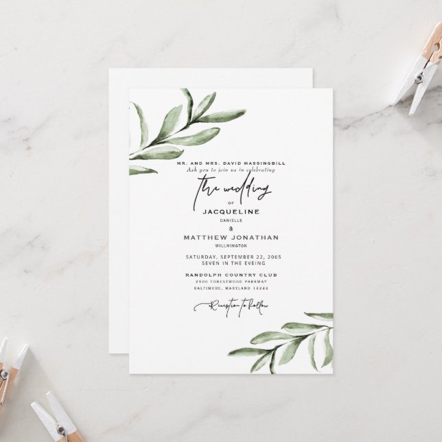 Modern Font Simple Foliage Wedding Invitation (Front/Back In Situ)