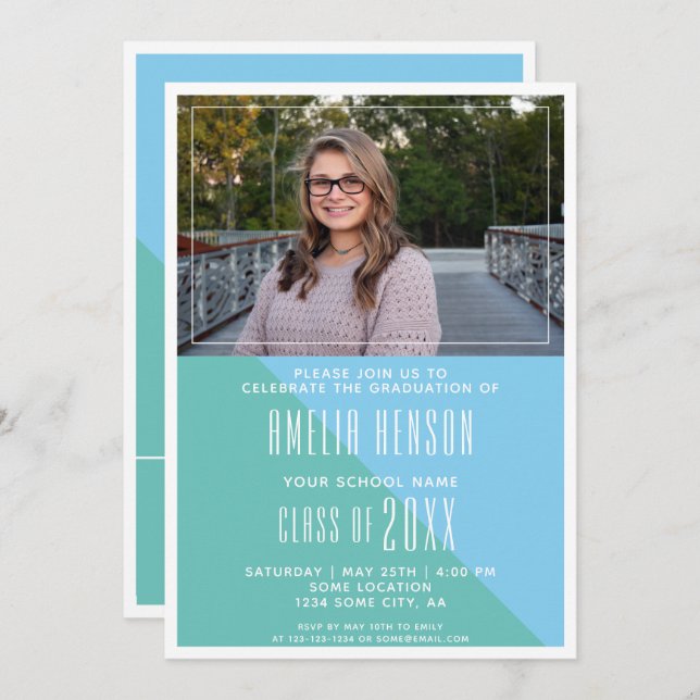 Modern Font Turquoise Blue Graduation Photo Invitation (Front/Back)