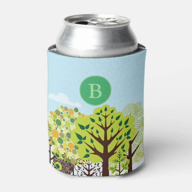 Modern Forest Garden Art Green Nature Monogram Can Cooler (Can Front)