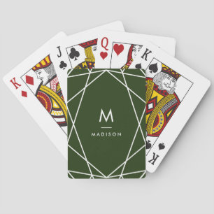 Modern Forest Green and White Monogram Playing Cards