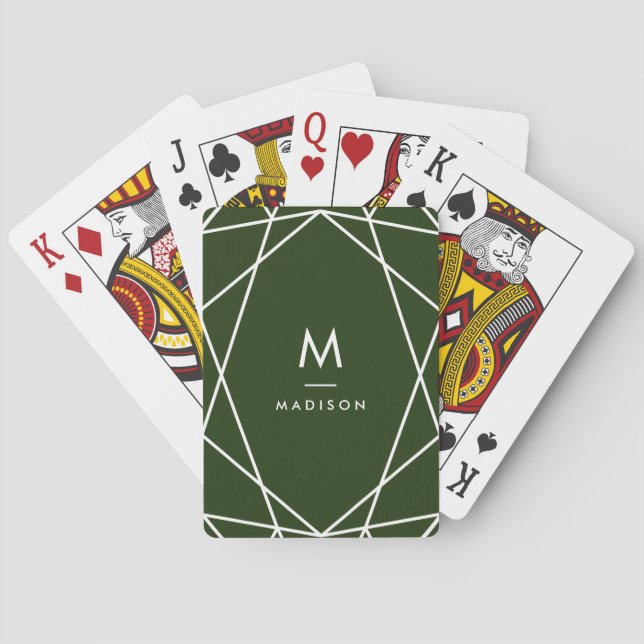 Modern Forest Green and White | Monogram Playing Cards (Back)