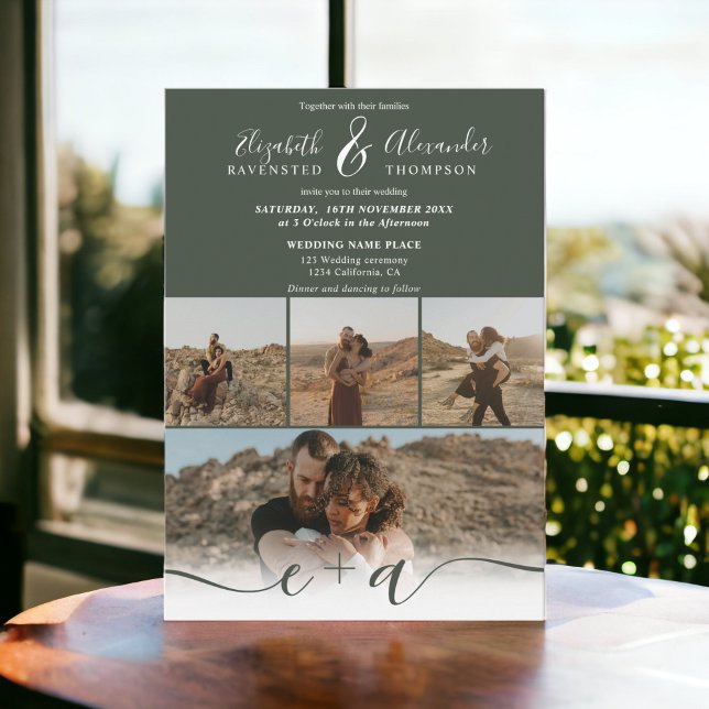 Modern forest green chic 5 Photos script wedding Invitation (Modern forest green chic 5 Photos script wedding Invitation)