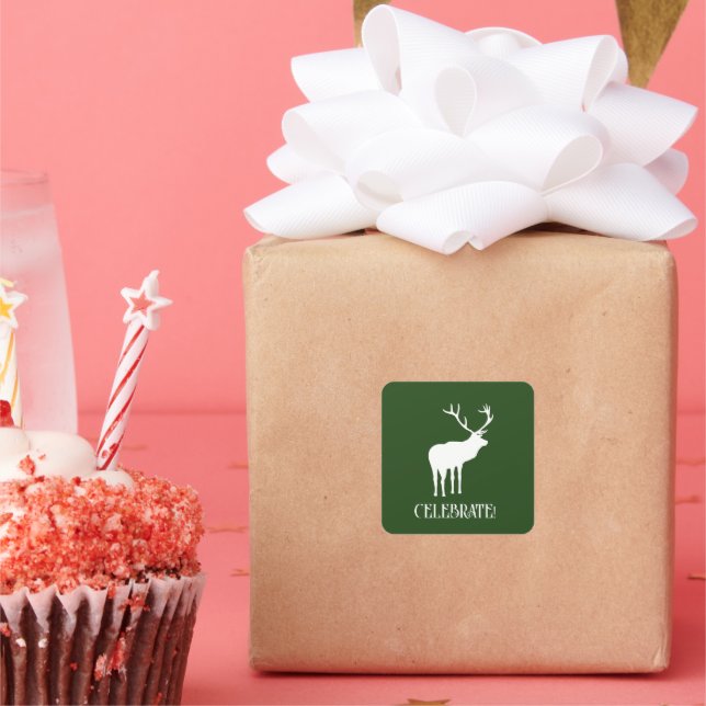 Modern Forest Green Christmas Holiday Deer Square Sticker (Party)