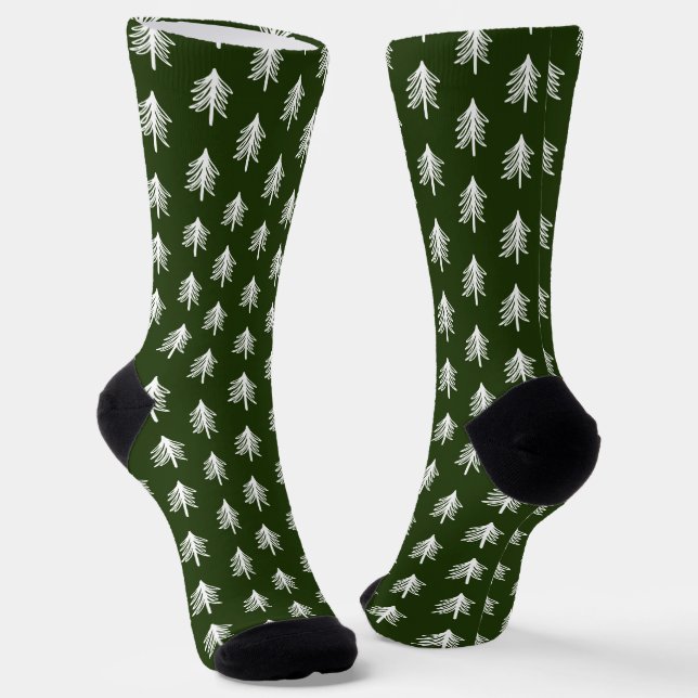 Modern Forest Green Christmas Tree Socks (Angled)