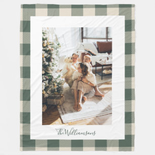 Modern Forest Green Plaid Rustic Photo Christmas   Fleece Blanket