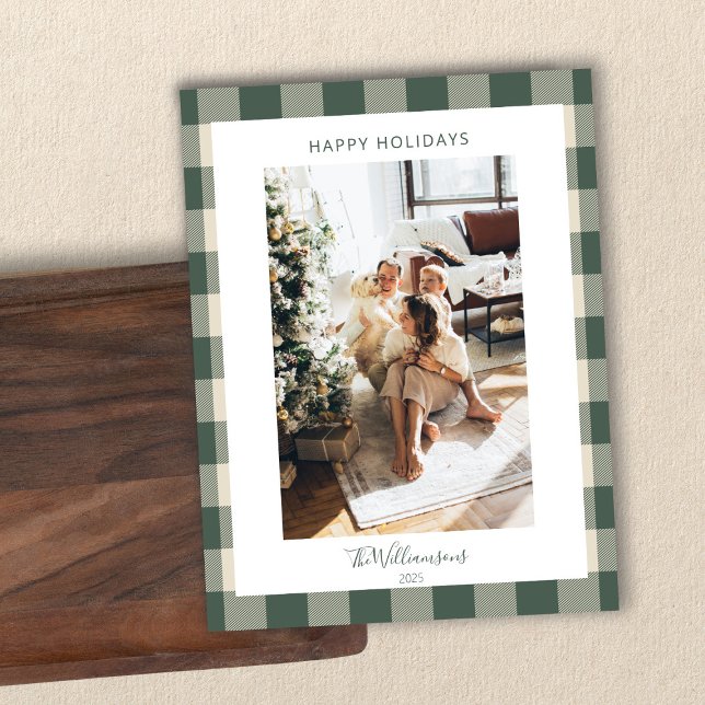 Modern Forest Green Plaid Rustic Photo Christmas Holiday Card (Creator Uploaded)