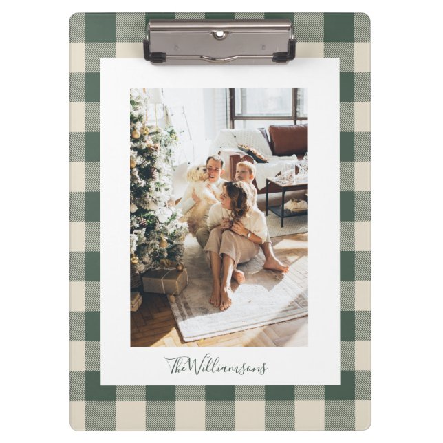 Modern Forest Green Plaid Rustic Photo Custom Clipboard (Front)