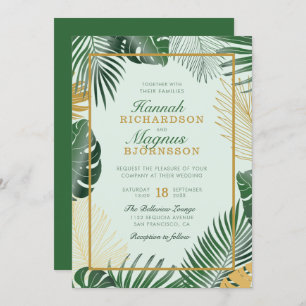 Modern Forest Green Tropical Leaves Modern Wedding Invitation