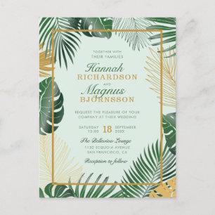 Modern Forest Green Tropical Leaves Trendy Wedding Invitation Postcard
