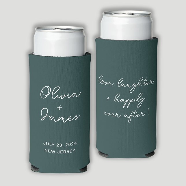 Modern forest green wedding quote seltzer can cooler (Forest green wedding can coolers. Customize with names/date/location to front. Quote on reverse.)