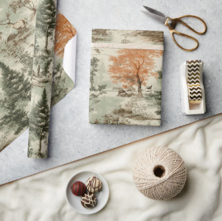 Modern Forest Hunting Green Toile de Jouy Pattern Wrapping Paper