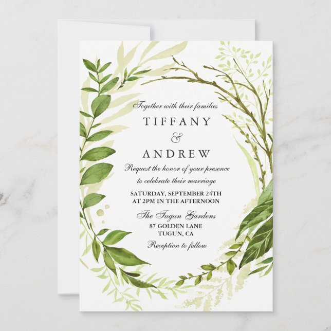 Modern Forest Leaf Wreath Greenery Wedding Invite (Front)