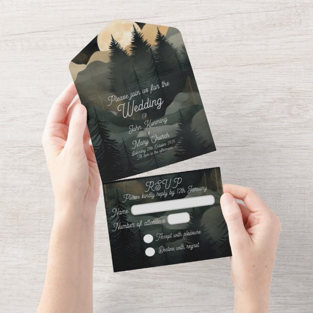 Modern Forest Moon Night All in One Wedding Invite (Tearaway)