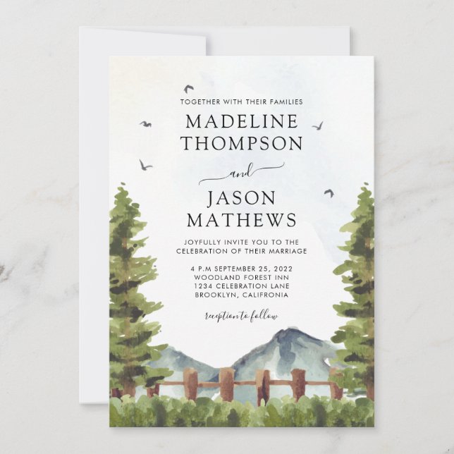 Modern Forest Mountain Rustic Watercolor Wedding Invitation (Front)