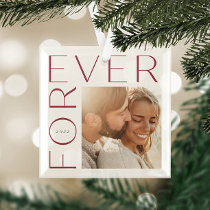 Modern Forever Couples Photo & Year Glass Tree Decoration