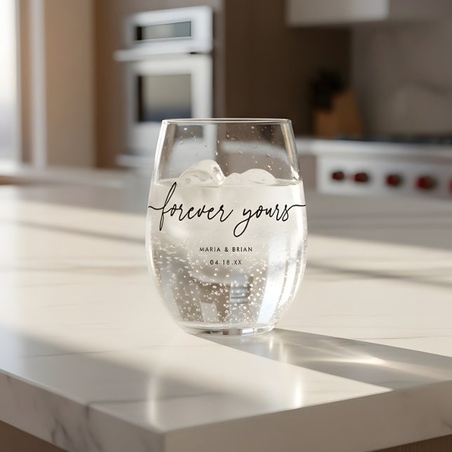 Modern 'Forever Yours' Wedding Couple Names Stemless Wine Glass (Creator Uploaded)