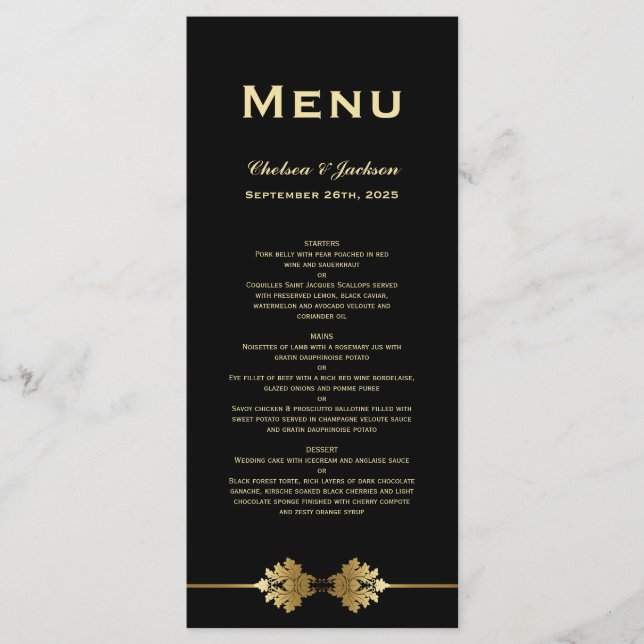 Modern Formal Black Gold Wedding Menu (Front)