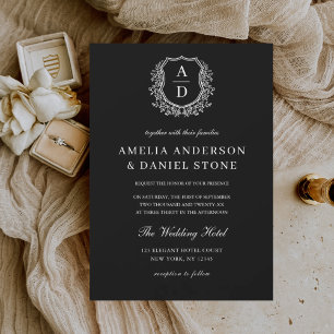 Modern Formal Floral Crest Monogram Wedding Invitation