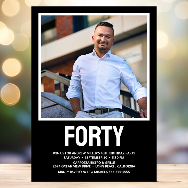 Modern FORTY Photo 40th Birthday Party Invitation (Creator Uploaded)