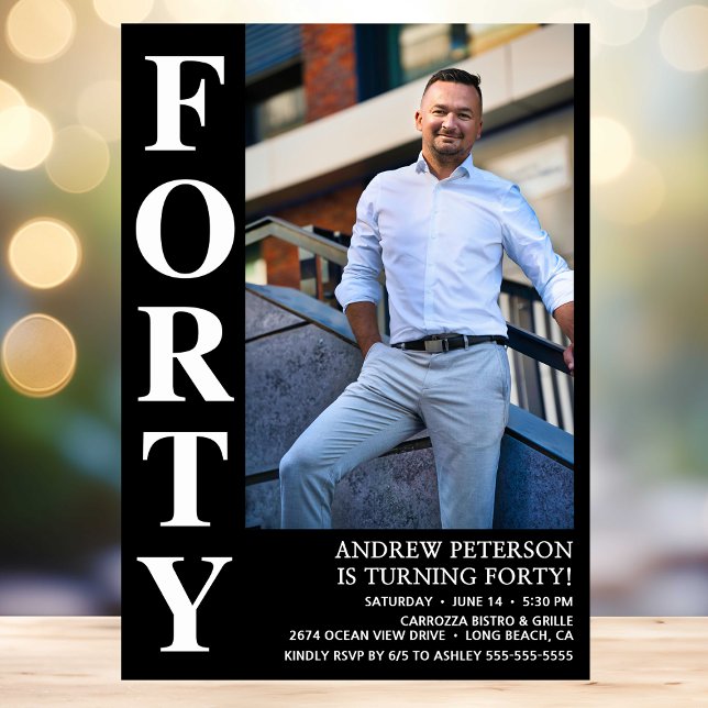 Modern FORTY Photo 40th Birthday Party Invitation (Creator Uploaded)