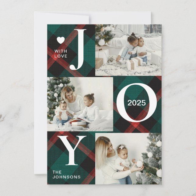 Modern Four Photo Collage | Joy Merry Christmas Holiday Card (Front)