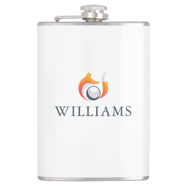 Modern Fox And Golf Ball Personalised Name Hip Flask (Front)