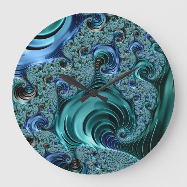 Modern Fractal Blue Bright Metallic  Large Clock (Front)