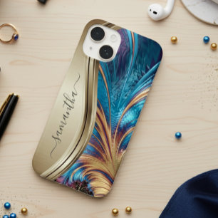 Modern Fractal Blue Gold Handwritten Name Case-Mate iPhone 14 Case